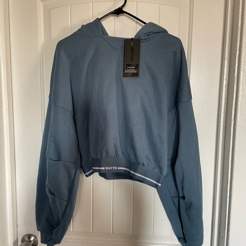 BOO TEE Stretch Cotton Fleece Cropped Hoodie in Steel Blue - Picture 8 of 11